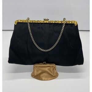 Vintage 1940s Garay Black Satin Evening Bag w Coin purse Hinge Clasp Clutch